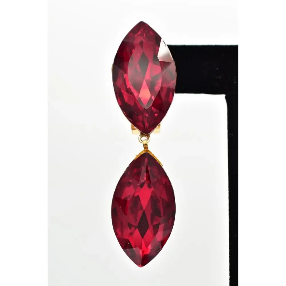 Vintage Red Crystal Clip On Earrings Drop Dangle Chunky Sparkling 1980s BinBK
